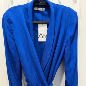 ZARA BLUE WRAP BLAZER DRESS. NEVER WORNED XL BUT FITS LIKE A LARGE. FAB DRESS